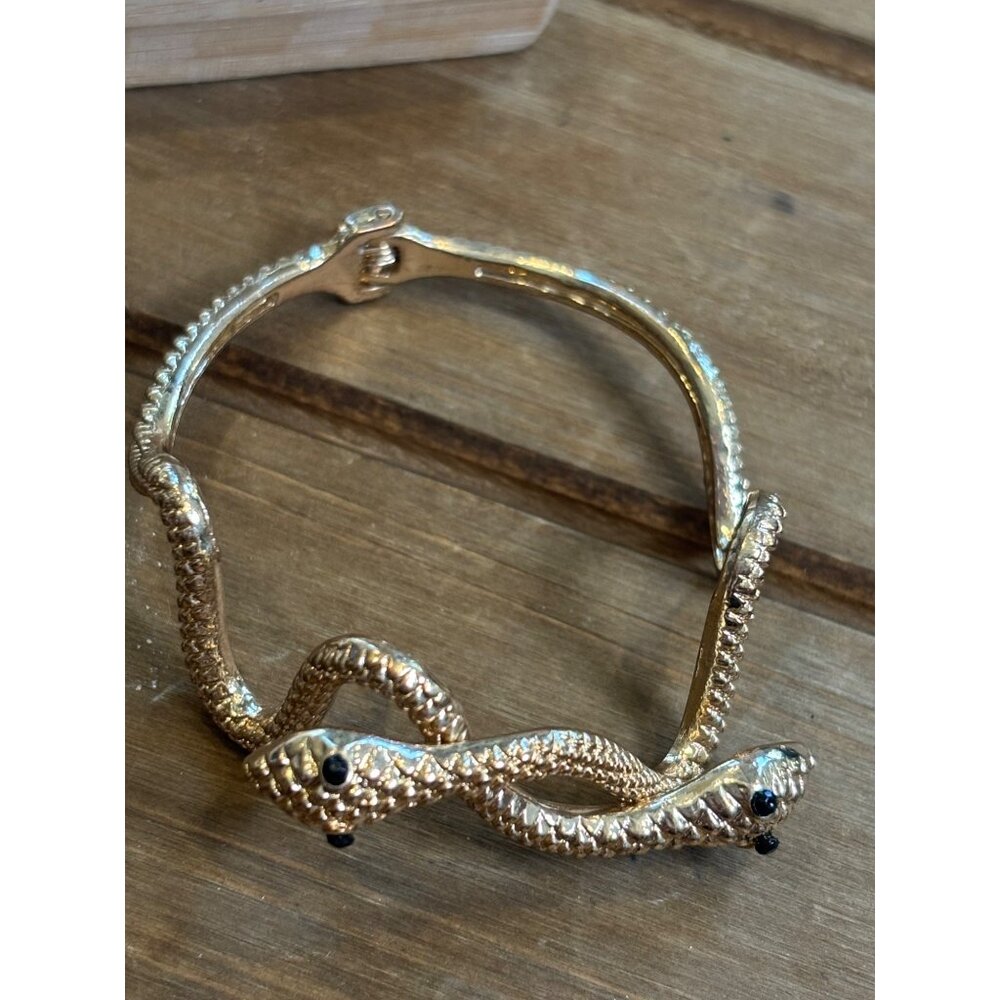Gold Tone Snake Bangle Bracelet With Black Accents - Hinged Cuff Design